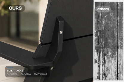 Close-up of a black outdoor furniture frame with a metal support bracket and text callouts comparing it to a weathered wood finish. The left side shows the black finish in a real setting, with 'OURS' at top left and 'BUILT TO LAST' at bottom left.