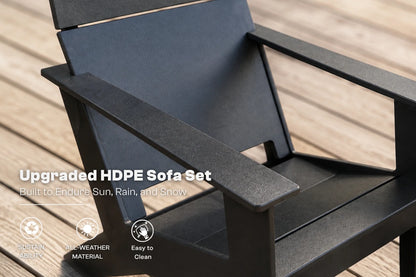 Black outdoor Adirondack-style chair made of textured HDPE material, shown on a wooden deck with promotional text overlay reading 'Upgraded HDPE Sofa Set' and feature icons.