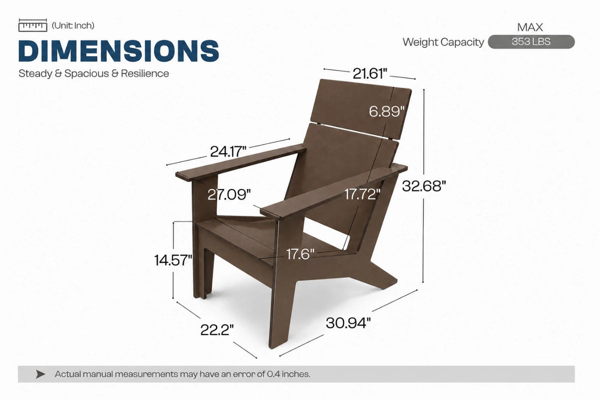 A dimension diagram of a brown Adirondack-style chair on a white background, showing multiple measurements with arrows and labels such as height, width, and depth. The image includes text reading 'DIMENSIONS,' 'Steady & Spacious & Resilience,' and 'Weight Capacity MAX 353 LBS.