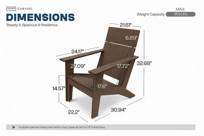 A dimension diagram of a brown Adirondack-style chair on a white background, showing multiple measurements with arrows and labels such as height, width, and depth. The image includes text reading 'DIMENSIONS,' 'Steady & Spacious & Resilience,' and 'Weight Capacity MAX 353 LBS.