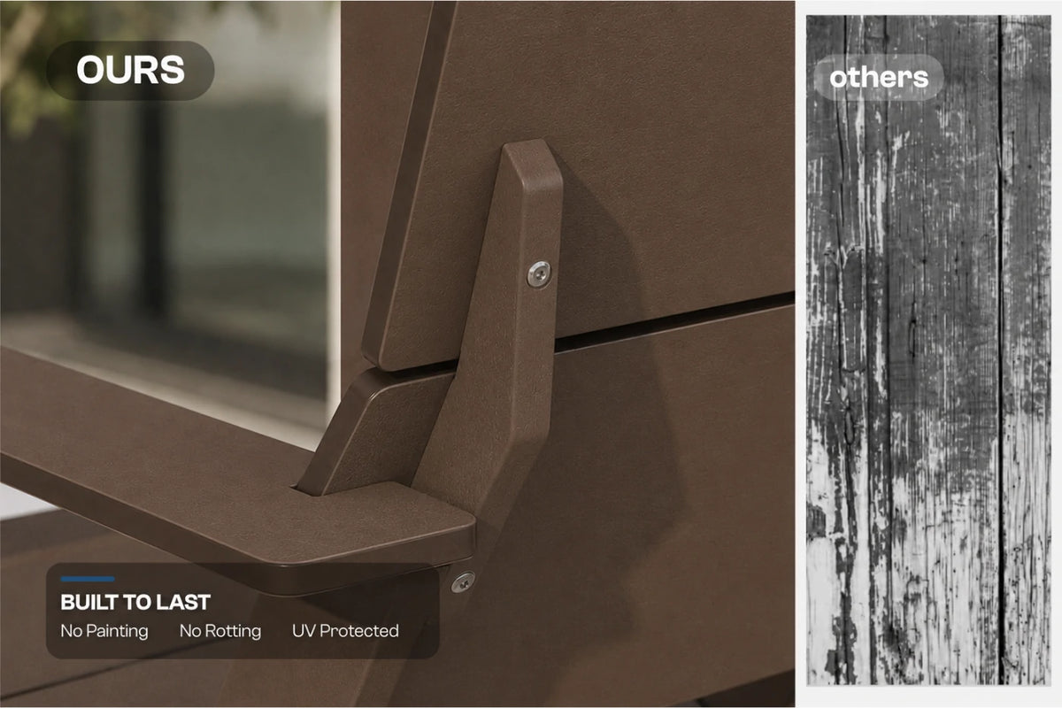 Close-up of a coffee modern poly Adirondack chair shown next to a black-and-white wood texture labeled 'others'. Text reads 'OURS' and 'BUILT TO LAST No Planning No Rottling UV Protected'.