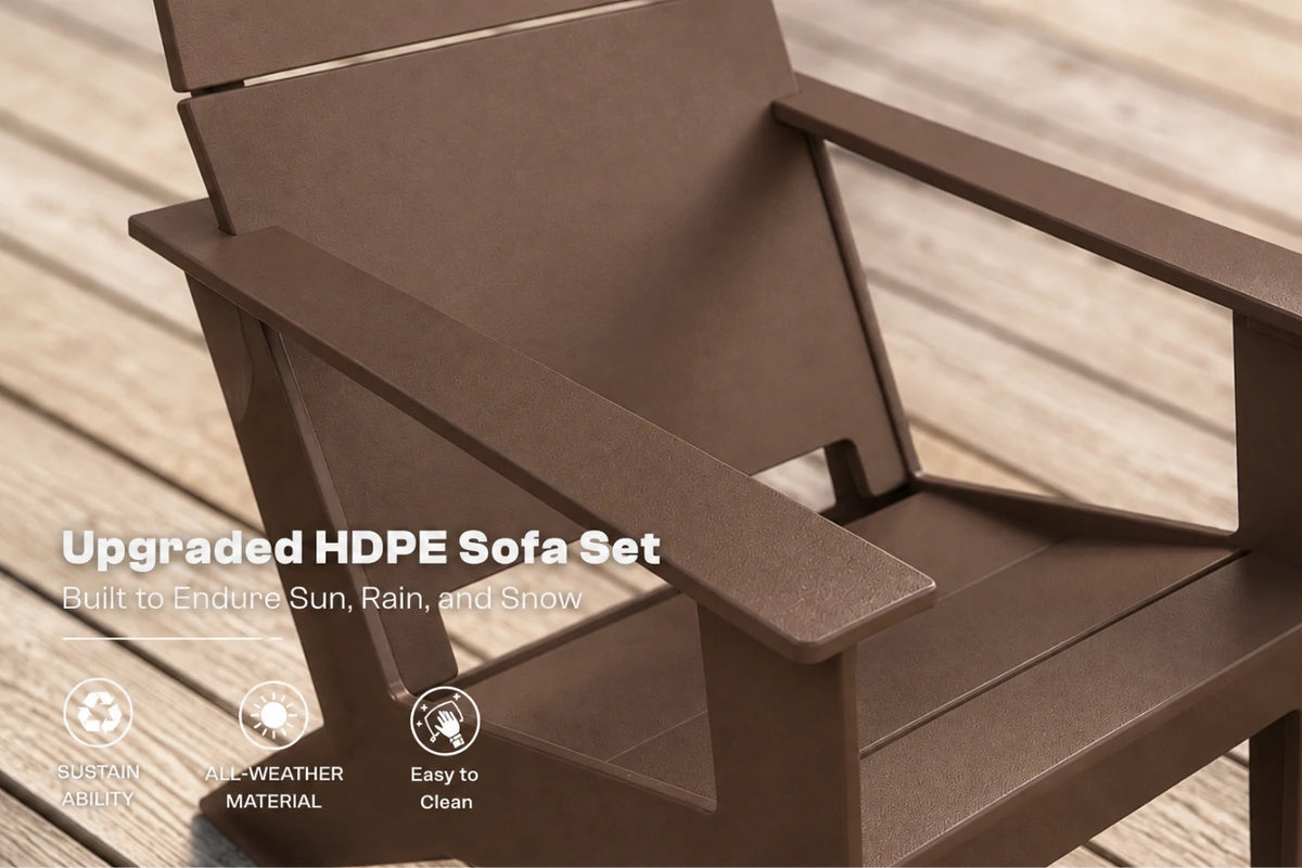 A coffee outdoor Adirondack-style sofa chair on a wooden deck with text overlay reading 'Upgraded HDPE Sofa Set' and feature icons for durability, weather resistance, and easy cleaning.
