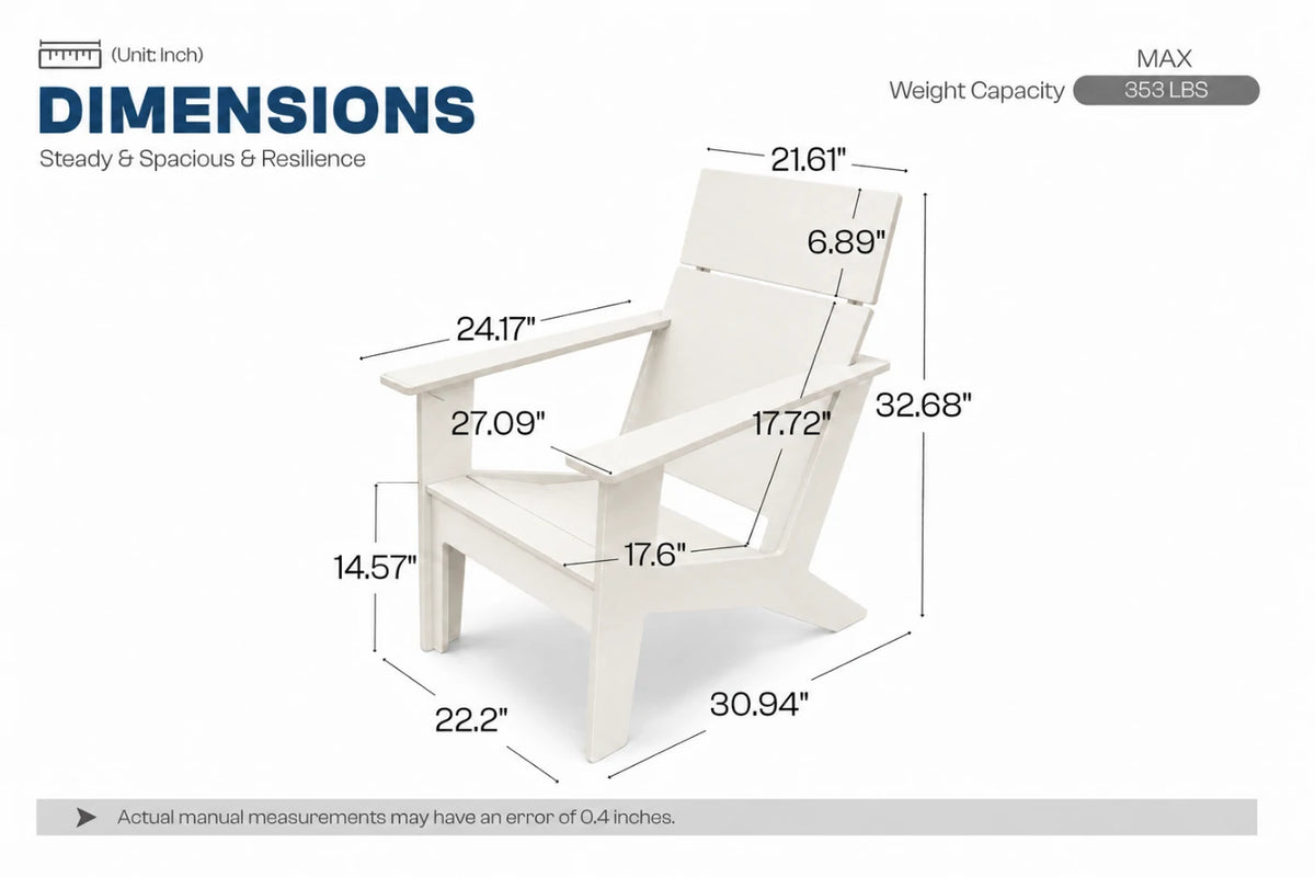 A white Adirondack-style chair shown with overlaid dimension lines and measurements on a light gray background, under the heading 'DIMENSIONS'.