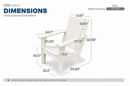 A white Adirondack-style chair shown with overlaid dimension lines and measurements on a light gray background, under the heading 'DIMENSIONS'.
