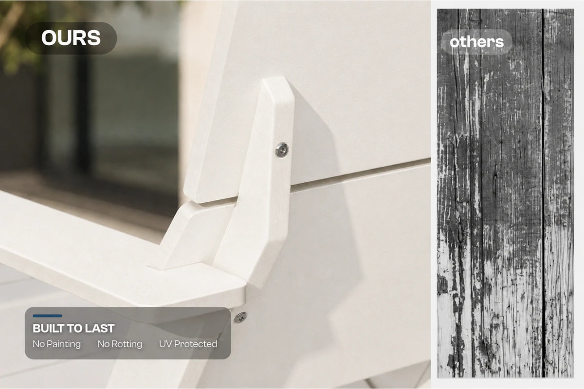 Close-up of a white outdoor furniture corner with a bracket and screw, labeled 'OURS', next to a vertical wood-plank finish sample labeled 'others' with text 'BUILT TO LAST No Painting No Rotting UV Protected'.