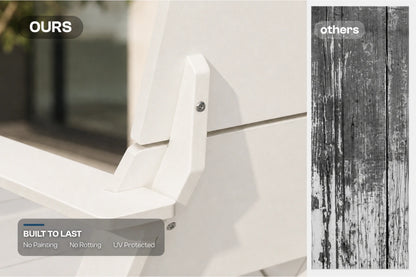 Close-up of a white outdoor furniture corner with a bracket and screw, labeled 'OURS', next to a vertical wood-plank finish sample labeled 'others' with text 'BUILT TO LAST No Painting No Rotting UV Protected'.