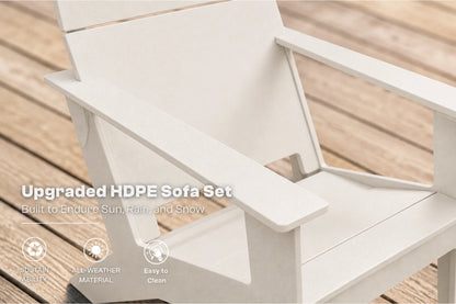 White outdoor Adirondack-style sofa chairs shown on a wooden deck with overlaid marketing text reading 'Upgraded HDPE Sofa Set' and feature icons for stain resistance, all-weather material, and easy clean.