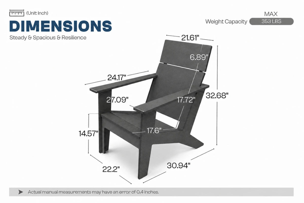A dimension diagram of a dark gray outdoor chair with labeled measurements in inches, including width, height, and depth, plus text noting weight capacity and actual manual measurements may have a 0.4 inch error.