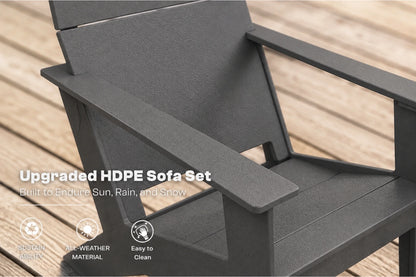 Dark gray outdoor Adirondack-style chair on a wooden deck with text overlay reading 'Upgraded HDPE Sofa Set' and feature icons for weather resistance, and easy cleaning.