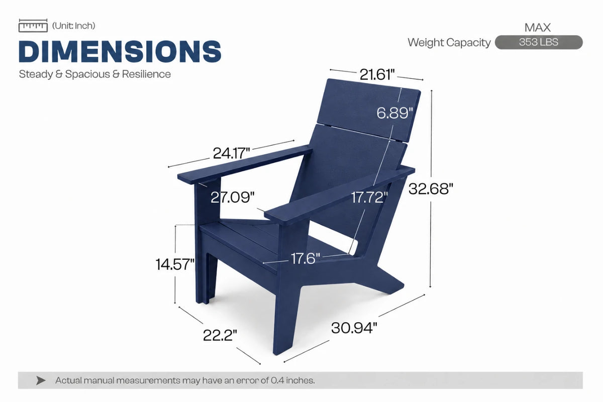 A navy blue outdoor Adirondack chair shown with overlaid dimension lines and measurements for height, width, and depth on a white background, with the heading 'DIMENSIONS' and a small weight capacity label.