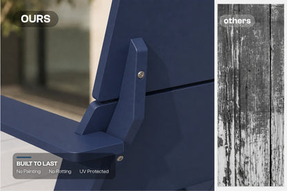 Close-up of a navy blue outdoor chair corner with text overlays comparing it to 'others' shown on a weathered wood panel. Features text 'OURS' and 'BUILT TO LAST No Painting No Settling UV Protected'.