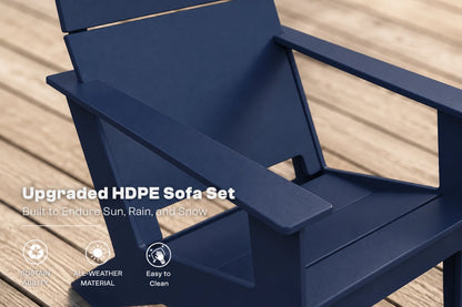 A navy blue outdoor Adirondack-style sofa chair shown on a wooden deck with promotional text reading 'Upgraded HDPE Sofa Set' and feature icons for durability, all-weather material, and easy cleaning.