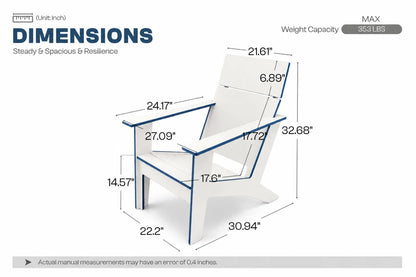 A dimension diagram of a white outdoor chair with blue outline accents, showing multiple measurements such as height, width, and depth, plus text reading DIMENSIONS, Weight Capacity MAX 353 LBS.