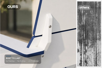 Close-up of a white outdoor furniture corner with blue trim, labeled 'OURS', alongside a black-and-white wood texture labeled 'others' and text noting no painting, no rotting, and UV protection.