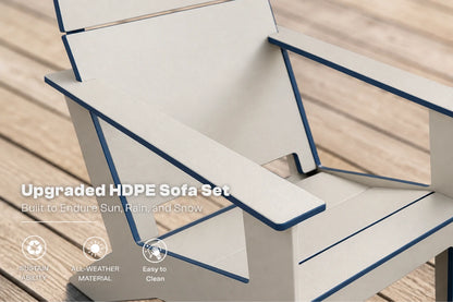 A close-up of a modern outdoor Adirondack-style sofa chair in a white finish with dark blue trim, shown on a wooden deck. Text on the image reads 'Upgraded HDPE Sofa Set' with feature icons below.