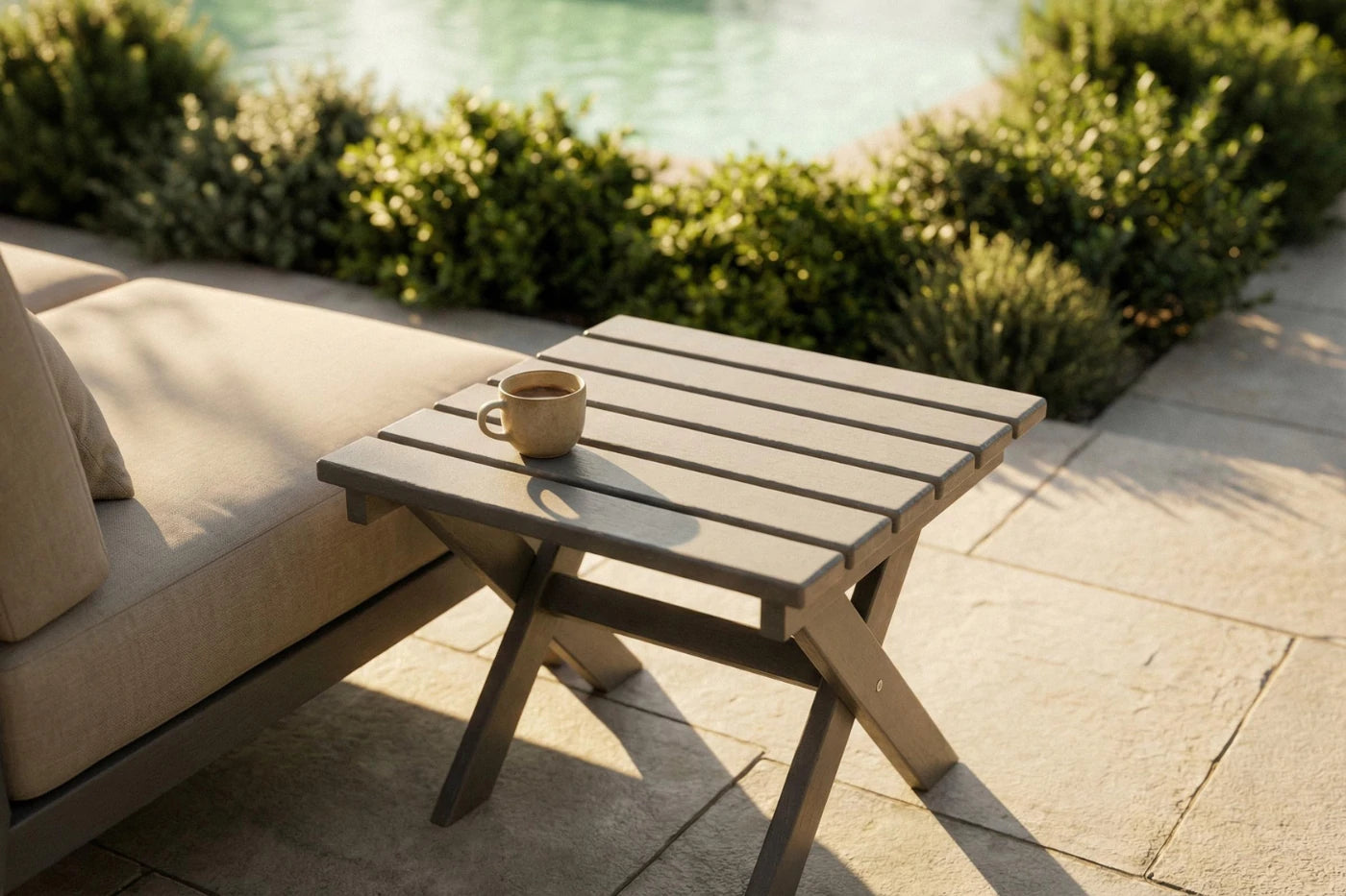 Wooden side table with a cup on it next to a beige outdoor sofa by a pool.