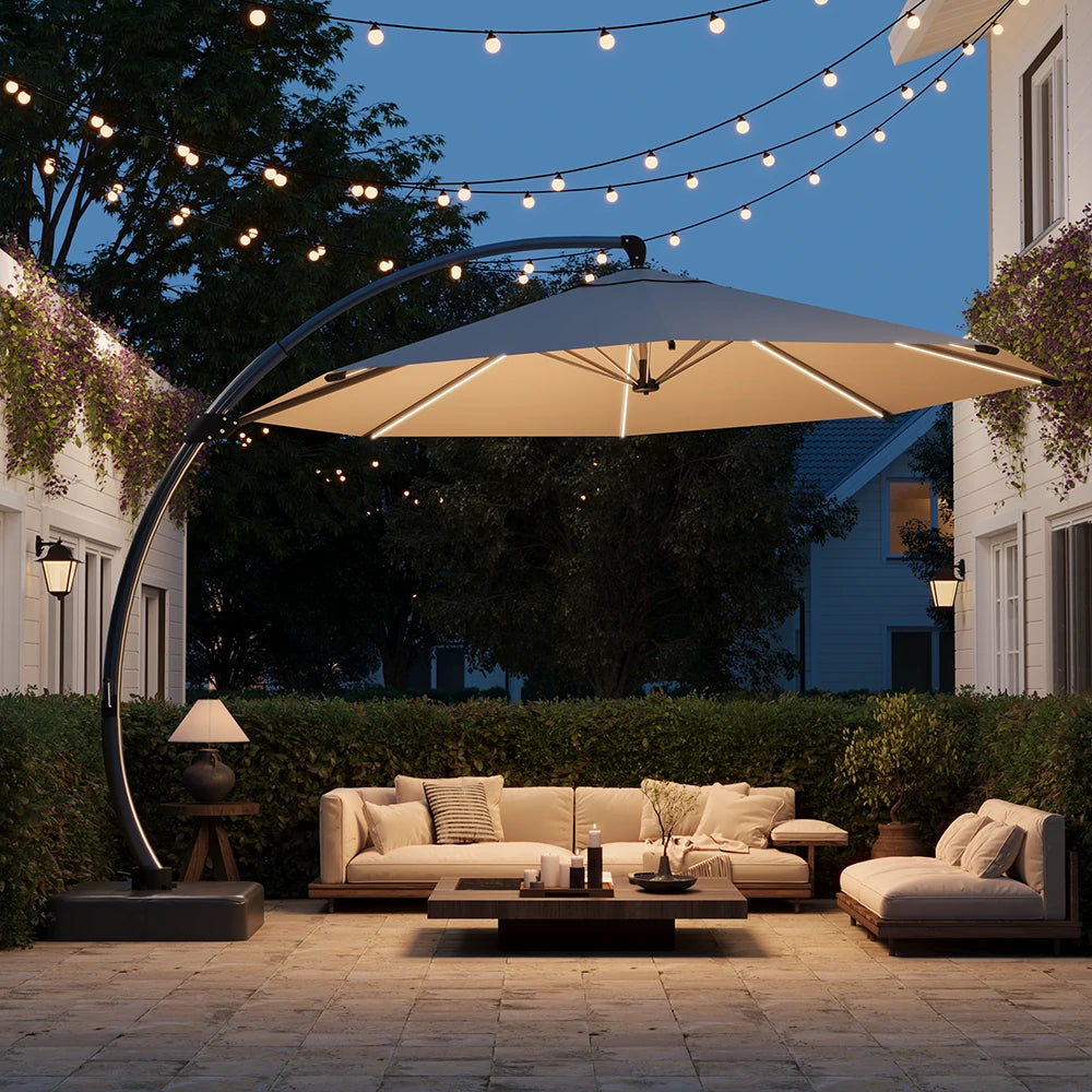 PatioKingdom Lighted Cantilever Umbrella with Base