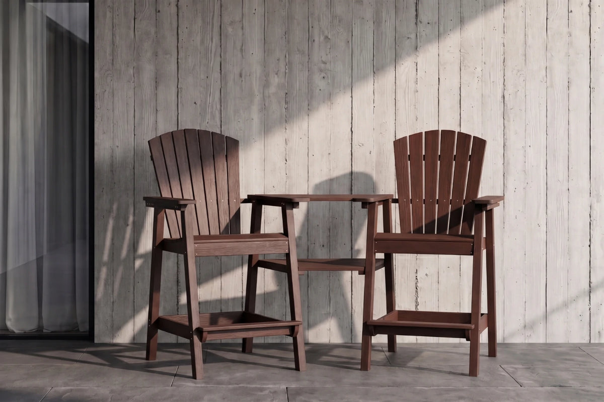 Two coffee-colored chairs with a small table against a wooden wall.