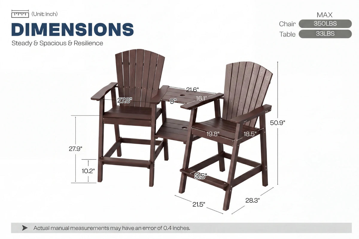 Dimensions of two coffee-colored chairs and a table on a white background