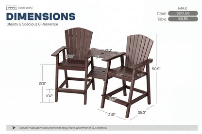 Dimensions of two coffee-colored chairs and a table on a white background