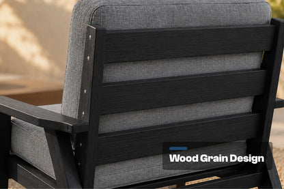 Close-up of the back of an outdoor chair with a black frame and gray textured fabric cushions. A text overlay reads 'Wood Grain Design'.