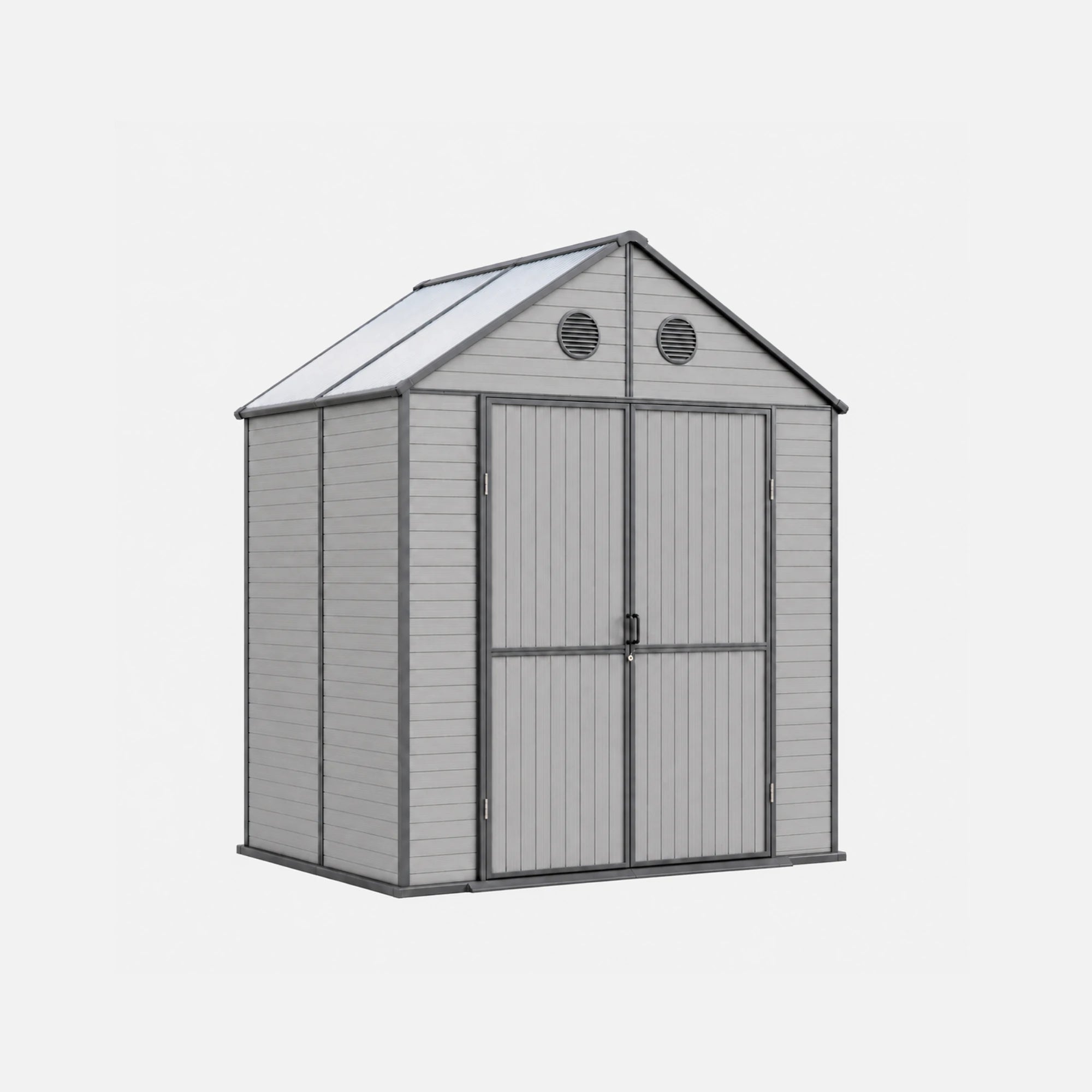 Resin storage shed with polycarbonate roof on a white background