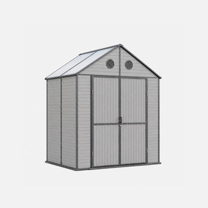 Resin storage shed with polycarbonate roof on a white background