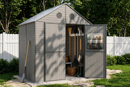 A gray resin storage shed with polycarbonate roof, shown in a backyard setting with the front door open to reveal gardening tools inside. A shovel leans against the shed, and a white fence and green trees are in the background.