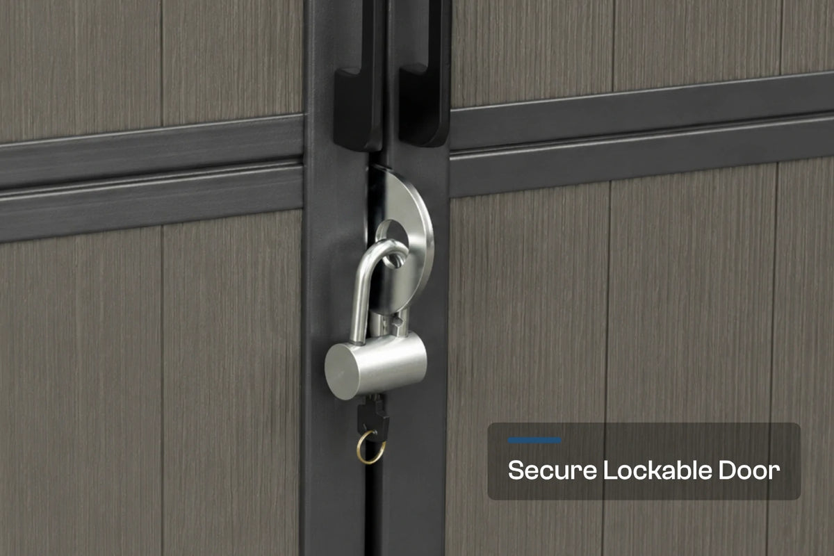 Close-up of a secure lockable door with a silver padlock and shackle on a dark metal frame, set against a gray  door panel. A text overlay in the bottom right reads 'Secure Lockable Door'.