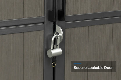 Close-up of a secure lockable door with a silver padlock and shackle on a dark metal frame, set against a gray  door panel. A text overlay in the bottom right reads 'Secure Lockable Door'.