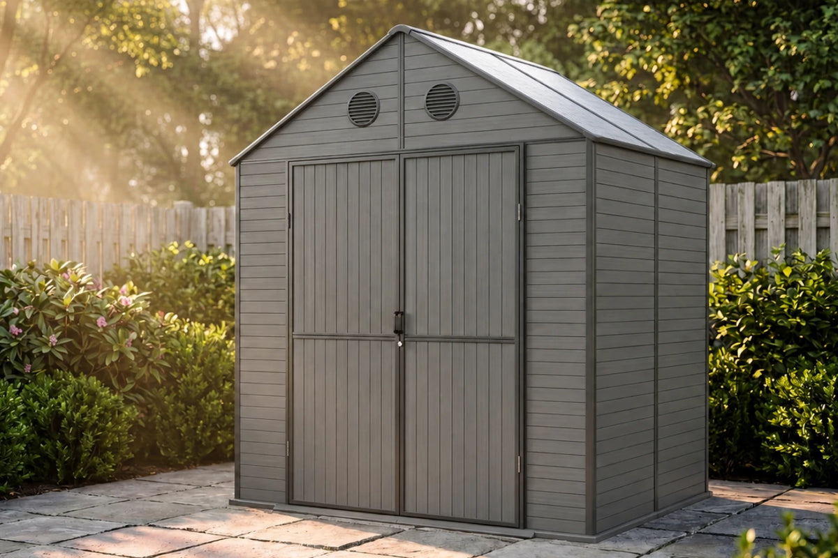 A gray resin storage shed with polycarbonate roof, double doors, and circular ventilation holes near the peak, shown in a backyard setting with trees, a fence, and paving stones.