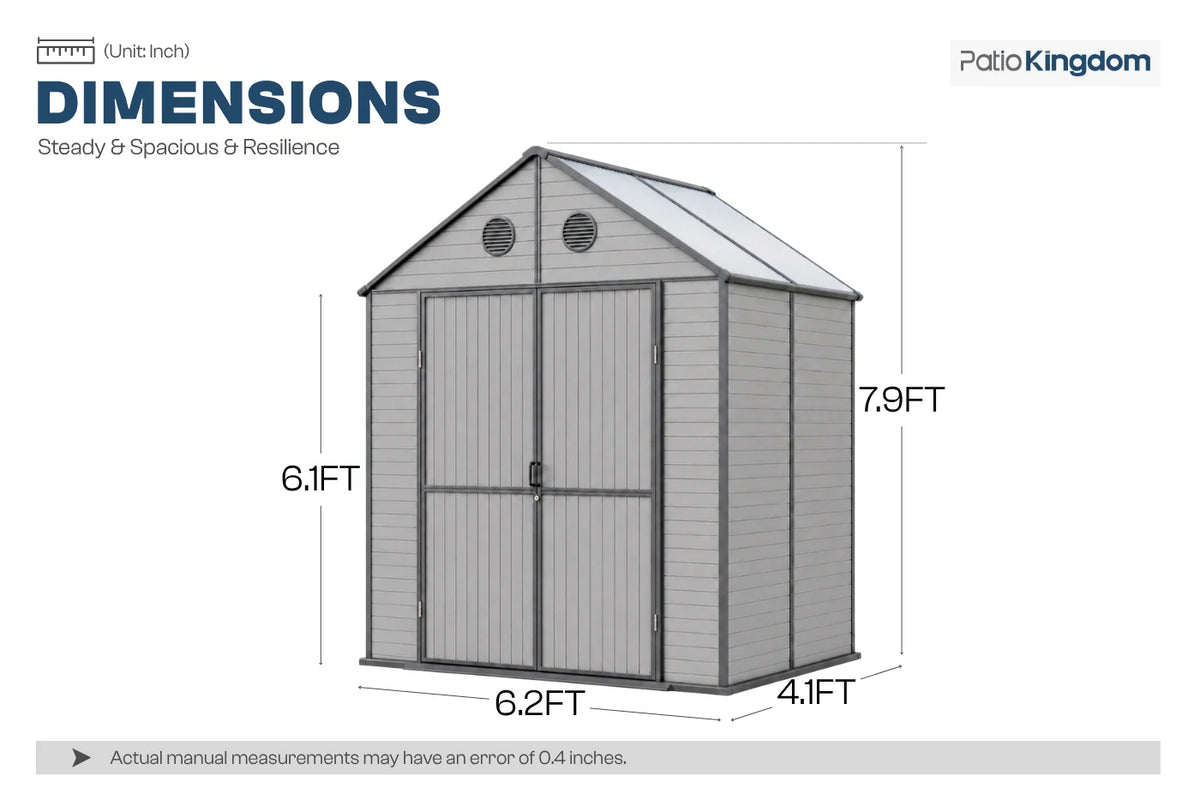 A dimension diagram of a gray resin storage shed with polycarbonate roof, labeled measurements: 6.1FT height.