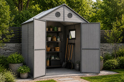 A gray resin storage shed with double doors open, showing shelves stocked with potted plants and gardening tools inside, set in a lush green backyard.