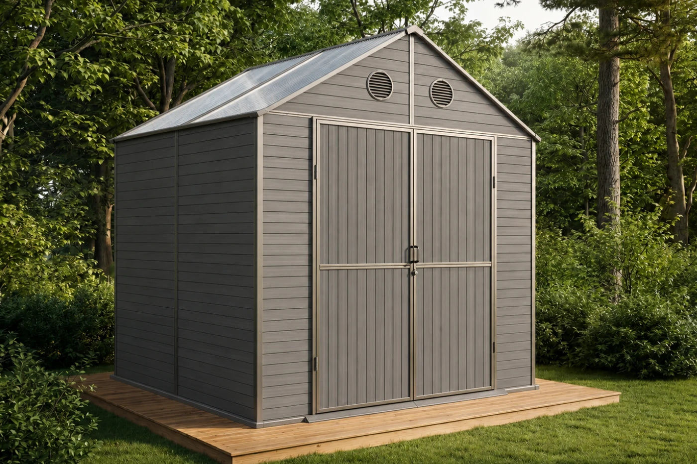A gray resin storage shed with double doors and a polycarbonate roof, shown on a wooden deck in a grassy backyard with trees.