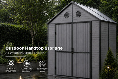 Gray outdoor storage shed with double doors and a polycarbonate roof, shown in a garden setting with trees and shrubs. White text on the left reads 'Outdoor Hardtop Storage' with feature icons below.
