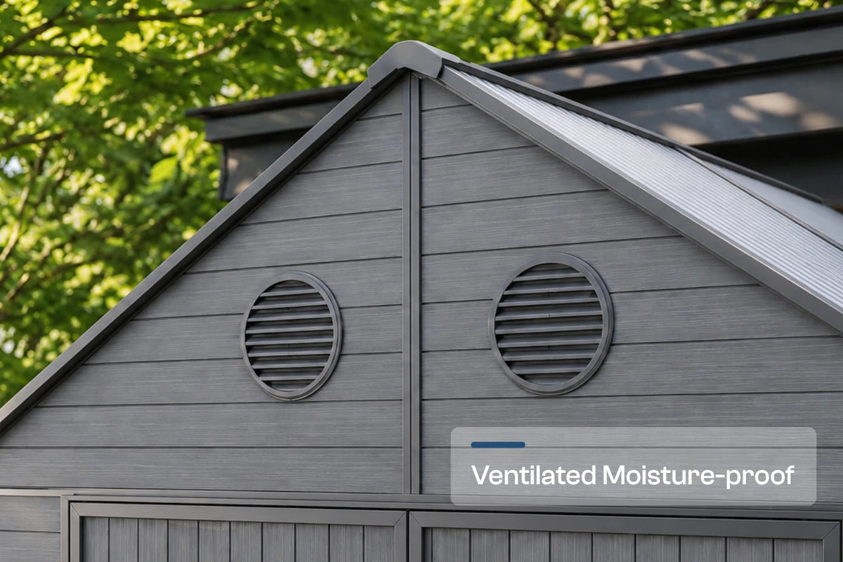 Gray resin storage shed with polycarbonate roof, shown outdoors with green foliage in the background. A text overlay reads 'Ventilated Moisture-proof'.
