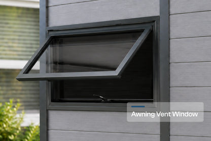 A black awning vent window installed in a gray resin storage shed with polycarbonate roof, shown with the window open. A text overlay reads 'Awning Vent Window'.