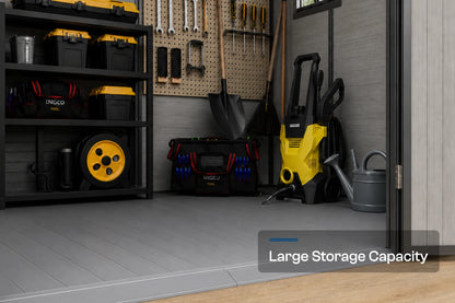 A large storage area with gray flooring and gray paneled walls, showing black and yellow Ingco toolboxes, a pressure washer, a watering can, and hanging tools on a pegboard. A text overlay at the bottom right reads 'Large Storage Capacity'.