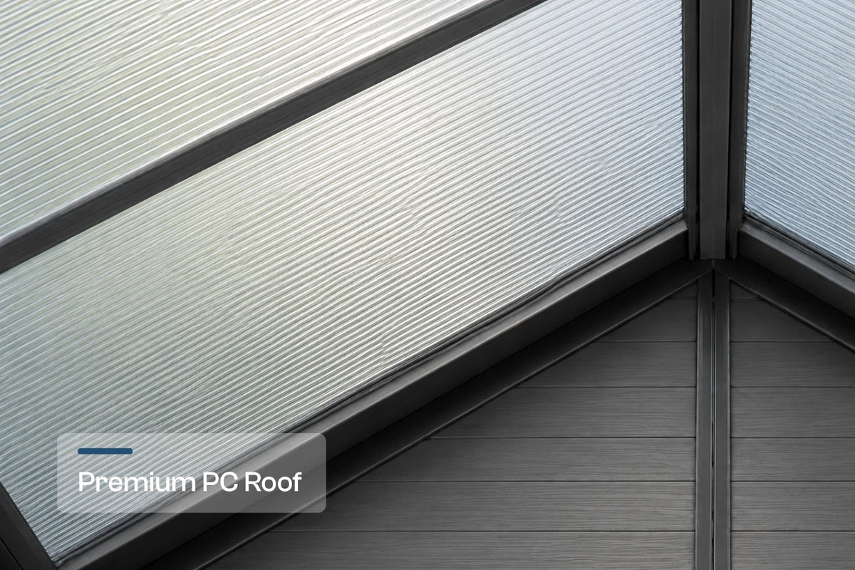 Close-up of a roof panel system with ribbed translucent panels framed in dark gray. A text overlay in the bottom-left corner reads 'Premium PC Roof'.