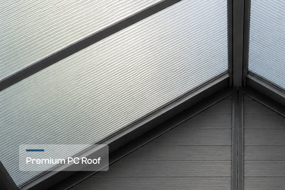 Close-up of a roof panel system with ribbed translucent panels framed in dark gray. A text overlay in the bottom-left corner reads 'Premium PC Roof'.