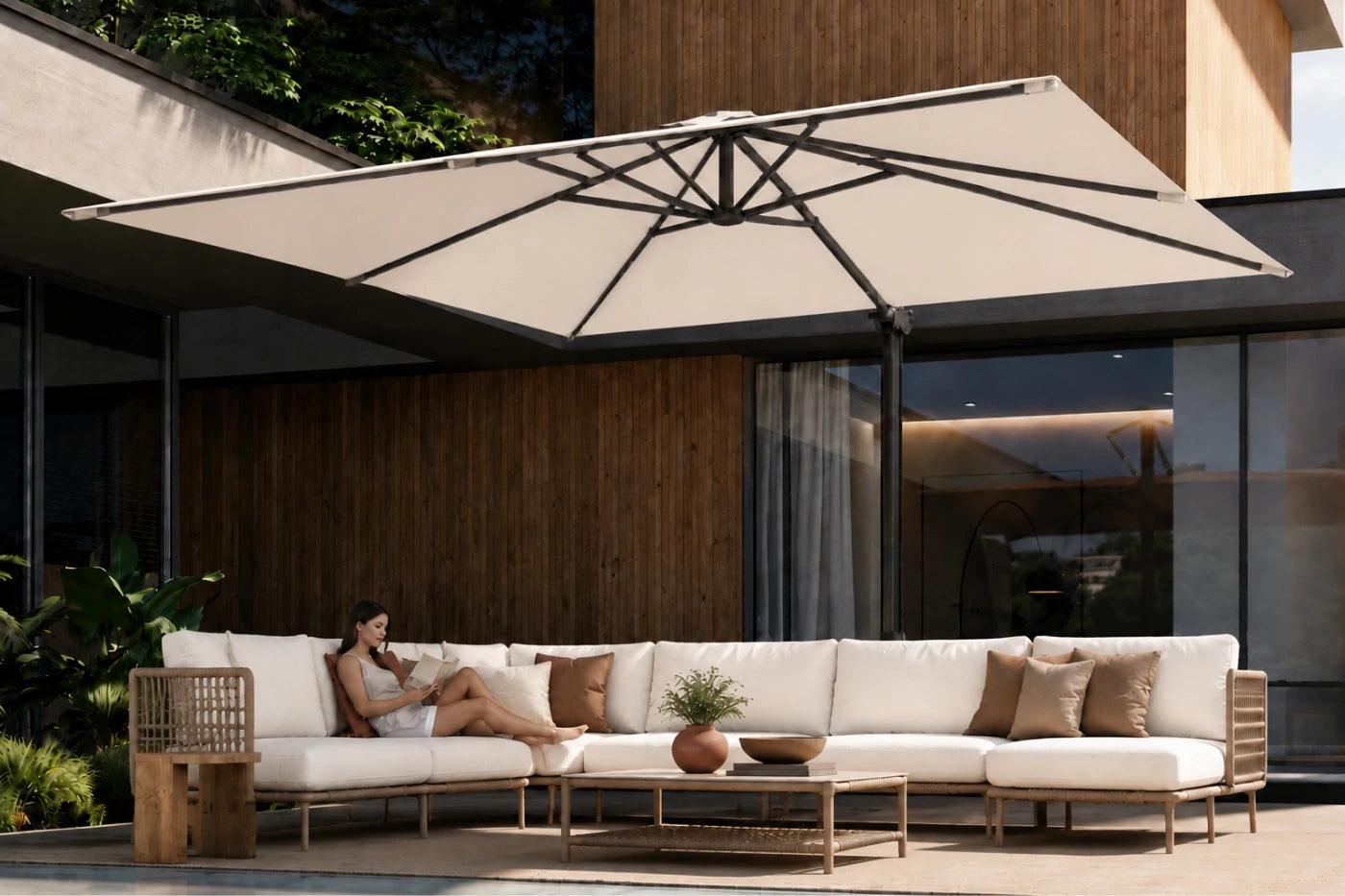 A large beige patio umbrella with a black metal frame is open over a modern outdoor sectional sofa. A woman is reclining on the white-cushioned sofa with brown accent pillows, set against a contemporary house with wood paneling and glass windows.