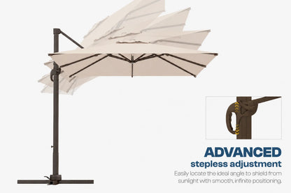 A cantilever patio umbrella with a dark metal frame and beige canopy shown on a light gray background, with a small inset detail of the pole joint and text reading 'ADVANCED stepless adjustment.'.