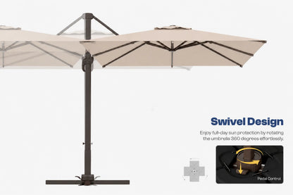 A cantilever patio umbrella shown on a light gray background with product text reading 'Swivel Design' and a small inset demonstrating rotation. The umbrella has a dark metal frame and beige canopy.
