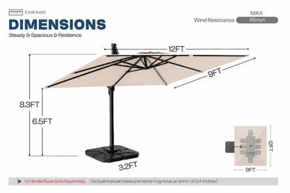 A dimension diagram of a patio umbrella showing its measurements, including a 12-foot canopy, 9-foot shade width, 8.3-foot height.