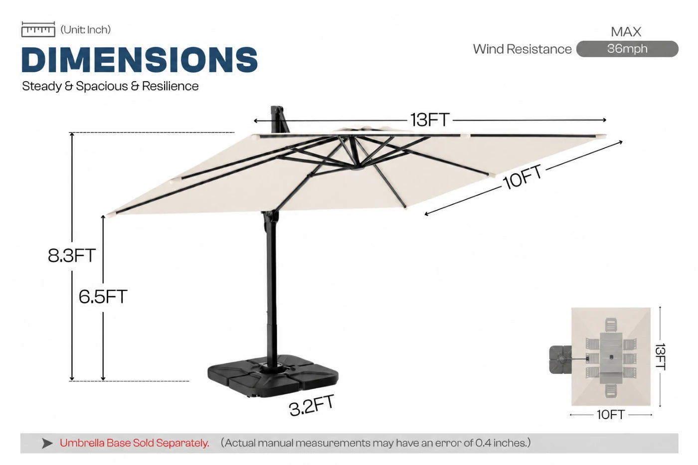 A dimension diagram of a cantilever patio umbrella showing measurements of 13 feet width, 10 feet overhang, 8.3 feet height.