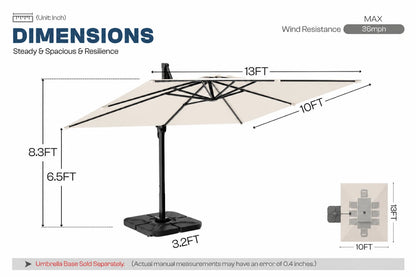 A dimension diagram of a cantilever patio umbrella showing measurements of 13 feet width, 10 feet overhang, 8.3 feet height.
