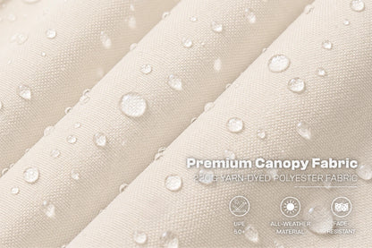 Close-up of cream-colored canopy fabric with water droplets on a folded surface, with text reading 'Premium Canopy Fabric' and small feature icons below.