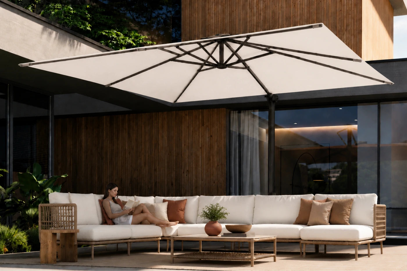 A large cream patio umbrella with a black frame shading a modern outdoor sectional sofa with a woman reclining underneath. The setting is a luxury outdoor patio with a wooden wall background.