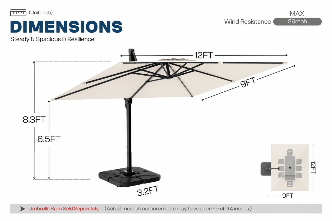 A dimension diagram of a patio umbrella showing its measurements, including a 12-foot canopy width, 9-foot depth, 8.3-foot height.