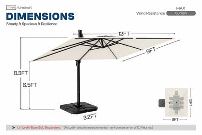 A dimension diagram of a patio umbrella showing its measurements, including a 12-foot canopy width, 9-foot depth, 8.3-foot height.